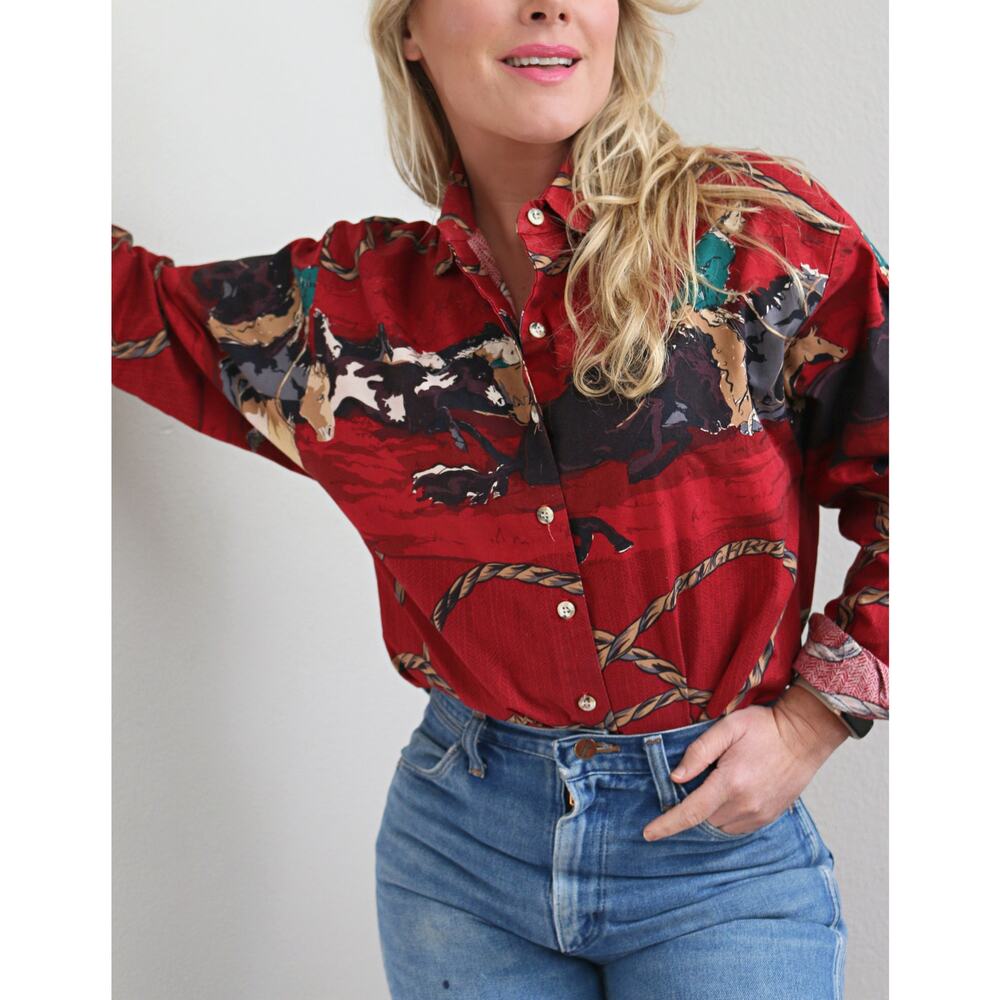 1990's Vintage Roughrider Circle T Rodeo Cowboy Print Shirt ~ Women's MD LG